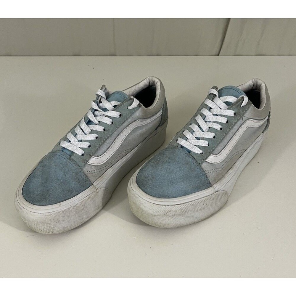 VANS Old Skool Stackform Women Size 6 US Light Blue Suede Canvas Platform Shoe
